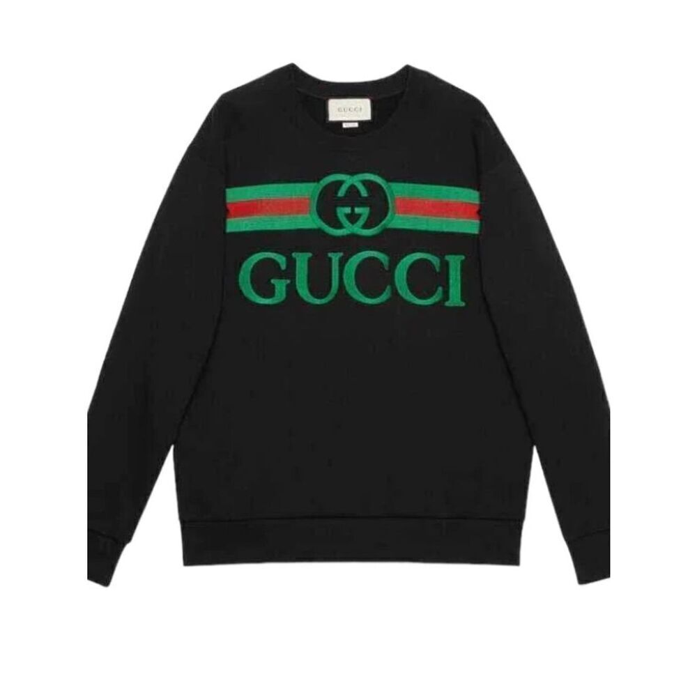 Gucci Authentic Sweater with Green & Red Logo Stripe & Interlocking GG Logo.
